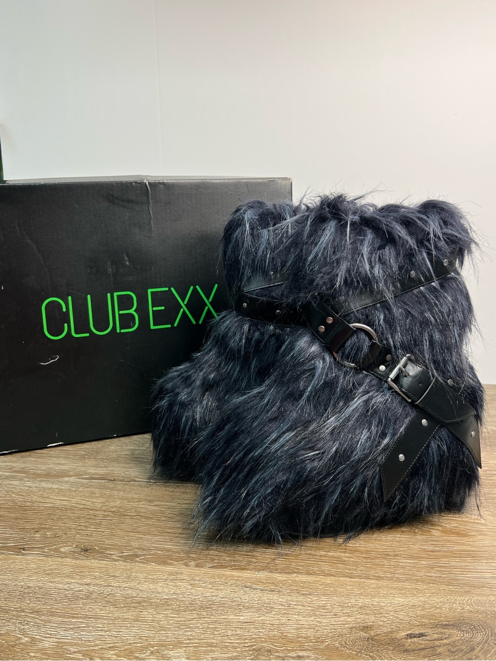 Club Exx Midnight Blue Faux Fur Mid Calf Boots Buckle Platform Goth Rave Size 8
